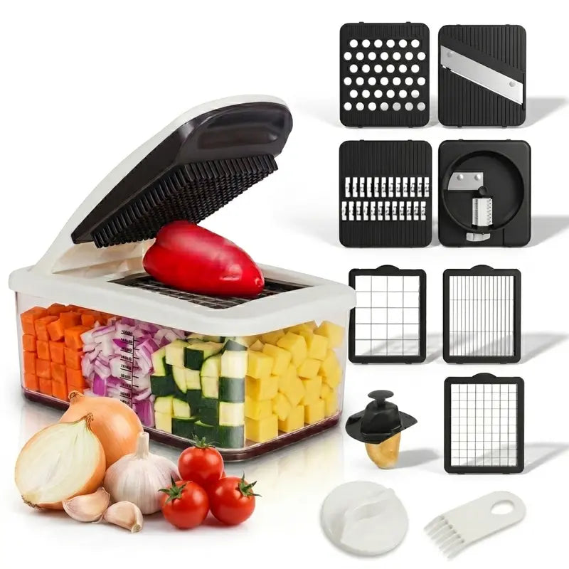 Multi-Use Fruit & Vegetable Chopper, 22-In-1 Durable Stainless Steel Kitchen Utensil with 8 Interchangeable Smooth Blades, ABS Body, Large Capacity Container, Grater, Peeler, Efficient Cutting & Easy to Use