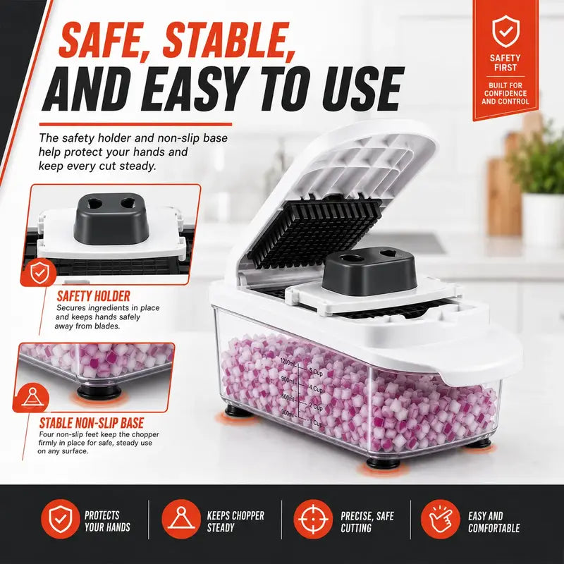 Multi-Use Fruit & Vegetable Chopper, 22-In-1 Durable Stainless Steel Kitchen Utensil with 8 Interchangeable Smooth Blades, ABS Body, Large Capacity Container, Grater, Peeler, Efficient Cutting & Easy to Use