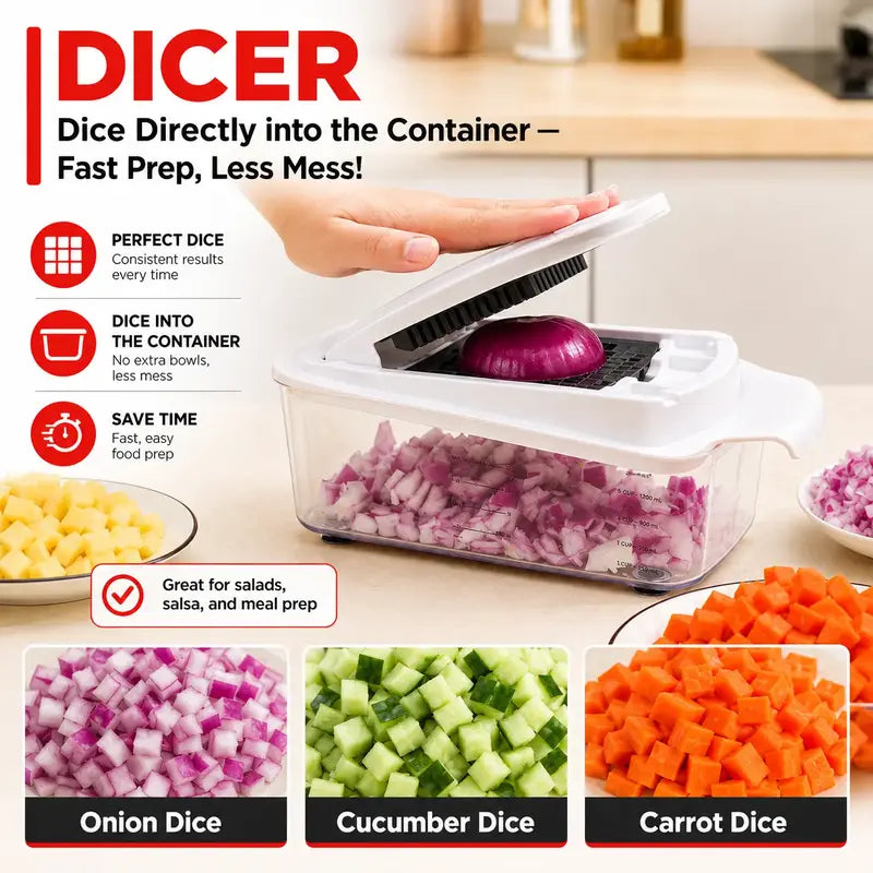 Multi-Use Fruit & Vegetable Chopper, 22-In-1 Durable Stainless Steel Kitchen Utensil with 8 Interchangeable Smooth Blades, ABS Body, Large Capacity Container, Grater, Peeler, Efficient Cutting & Easy to Use