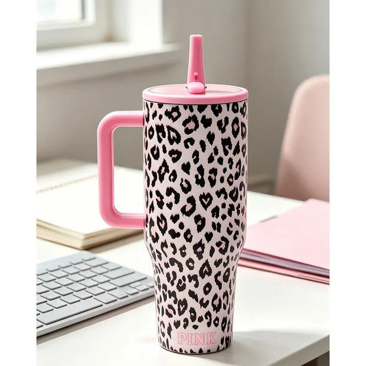 40Oz Triple Wall Insulated Stainless Steel Travel Tumbler - Pink Leopard Print, Handle, Leakproof Flip-Straw Lid, Pink Straw, Cupholder-Friendly, Portable Safe Commute Reusable Kitchen Drinkware for College