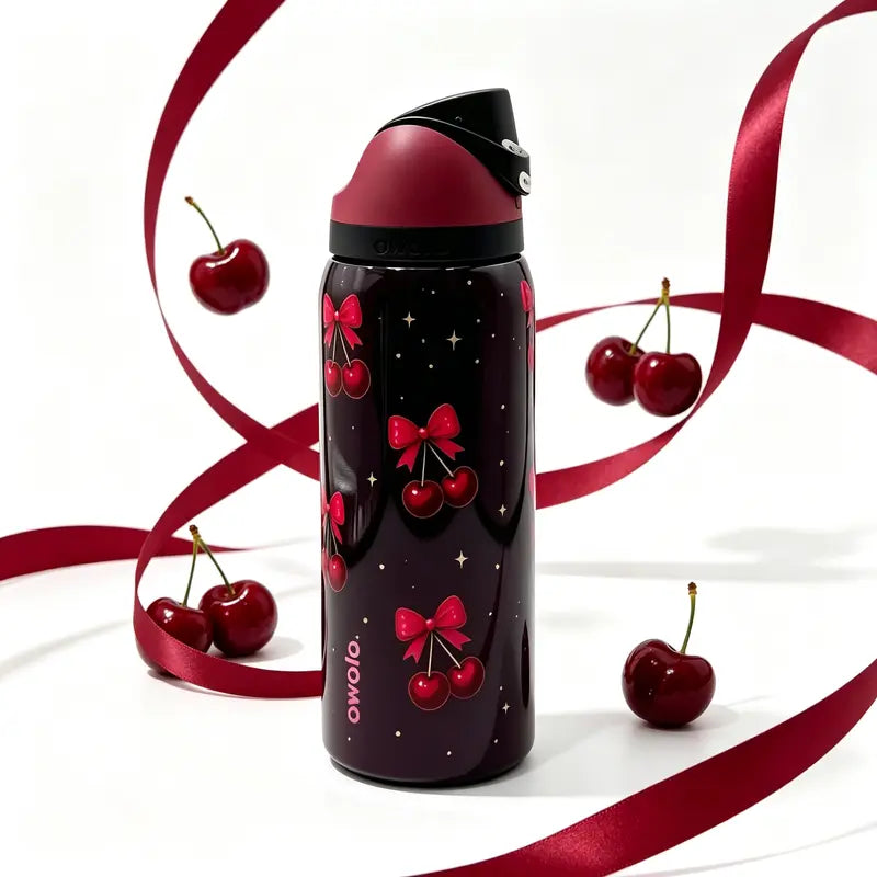 Owala 32Oz Stainless Steel Freesip Special Edition Insulated Leakproof Water Bottle - Cherry & Bow Deep Red Print, Black Push Lid with Straw, Vacuum Drinkware