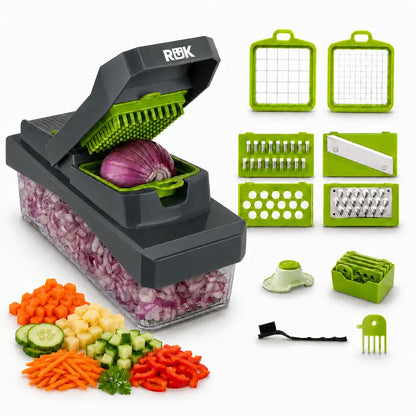 Multi-Use Fruit & Vegetable Chopper, 22-In-1 Durable Stainless Steel Kitchen Utensil with 8 Interchangeable Smooth Blades, ABS Body, Large Capacity Container, Grater, Peeler, Efficient Cutting & Easy to Use