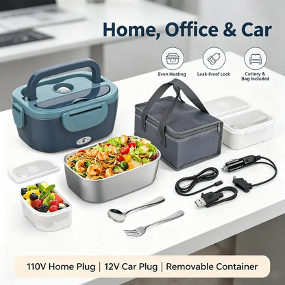 Electric Heated Lunch Box, 60W Fast Heating, 1.5L Food-Grade 304 Stainless Steel, 12V/24V/110V Portable Food Warmer for Car Truck Office Adults, Lonchera Electrica Portatil