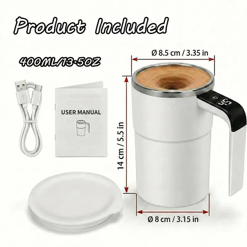 13Oz Compact Smart Magnetic Auto-Stir Coffee Mug - Button Control, Real-Time Temp Display, 304 Stainless Steel Body, Anti-Scalding Reusable Washable Tumbler for Office, Home Use (White), Reuse