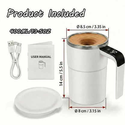 13Oz Compact Smart Magnetic Auto-Stir Coffee Mug - Button Control, Real-Time Temp Display, 304 Stainless Steel Body, Anti-Scalding Reusable Washable Tumbler for Office, Home Use (White), Reuse