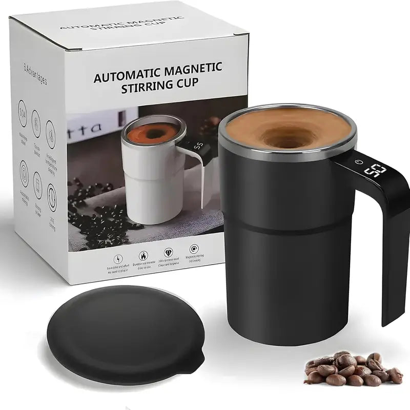 13Oz Compact Smart Magnetic Auto-Stir Coffee Mug - Button Control, Real-Time Temp Display, 304 Stainless Steel Body, Anti-Scalding Reusable Washable Tumbler for Office, Home Use (White), Reuse