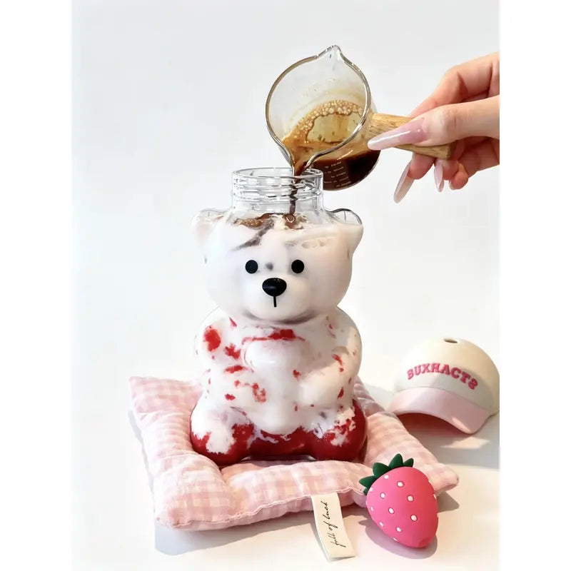 Pinking Bear Straw Cup Glass Bear Cup with Lids and Straws Cute Coffee Mugs 20Oz Drinking Water Bottle Reusable Party Mug for Milk Tea, and Cocktails, Dishwasher Safe