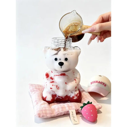 Pinking Bear Straw Cup Glass Bear Cup with Lids and Straws Cute Coffee Mugs 20Oz Drinking Water Bottle Reusable Party Mug for Milk Tea, and Cocktails, Dishwasher Safe