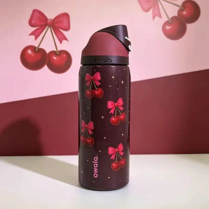 Owala 32Oz Stainless Steel Freesip Special Edition Insulated Leakproof Water Bottle - Cherry & Bow Deep Red Print, Black Push Lid with Straw, Vacuum Drinkware