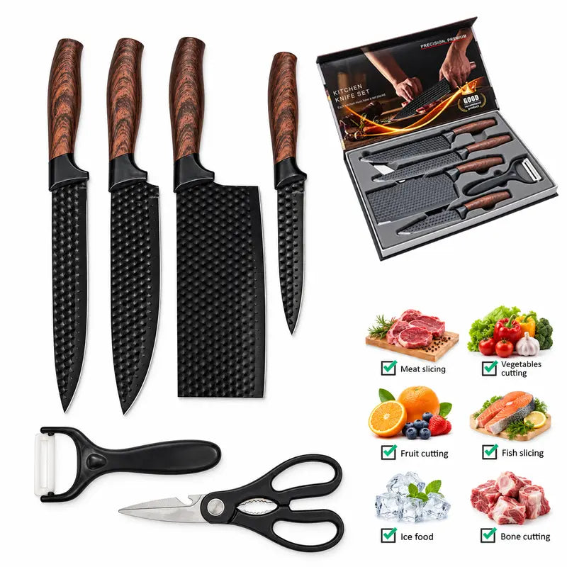 6 Piece Kitchen Knife Set, ABS Wood Grain Handle, Non-Stick Hammered Blade, Professional Kitchen Knives for Home Cooking