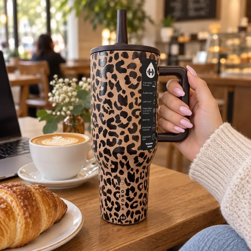 Traveler 40Oz Brown Leopard Print Tumbler – Insulated Stainless Steel Water Bottle with Handle, Flip Straw Lid, Leak-Resistant, Keeps Cold up to 24 Hours, Cup Holder Friendly