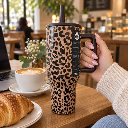 Traveler 40Oz Brown Leopard Print Tumbler – Insulated Stainless Steel Water Bottle with Handle, Flip Straw Lid, Leak-Resistant, Keeps Cold up to 24 Hours, Cup Holder Friendly