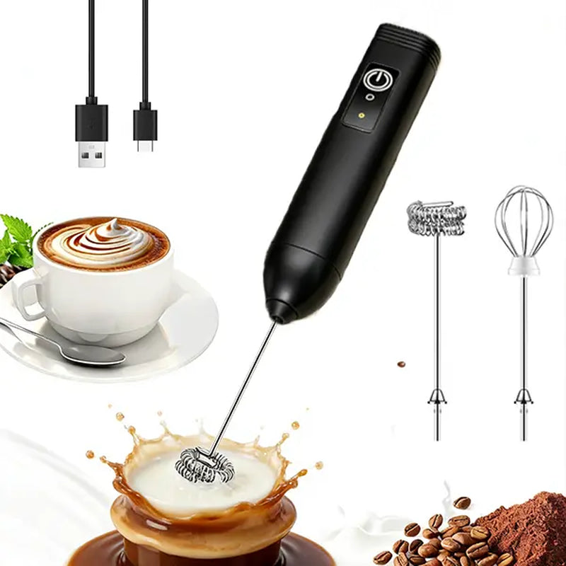 Handheld Milk Frother - Compact Coffee Equipment for Easier Mornings & Morning Coffee, High-Powered Turbo Engine, USB Recharge, 3 Speeds, 1-Button Operated, Dual Stainless Steel Whisks, Lightweight Portable Mixer