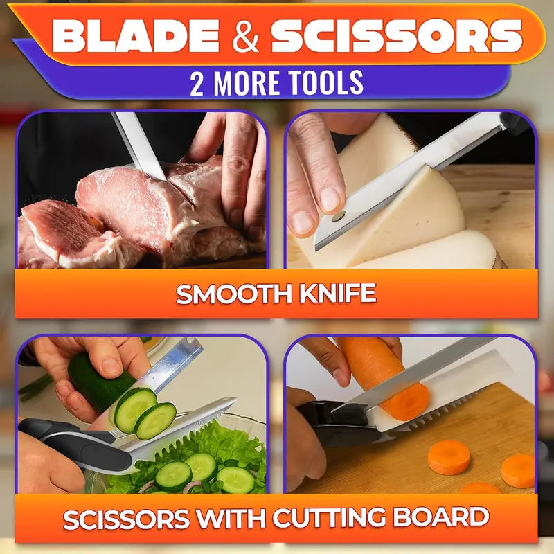 9.5In 2-In-1 Kitchen Scissors with Stainless Steel Blade, Plastic Cutting Board and Safety Lock - Multi-Functional Kitchen Utensil for Soft Vegetables, Cheese, Fruit Cutting