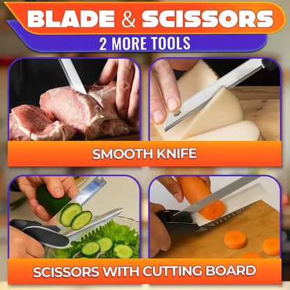 9.5In 2-In-1 Kitchen Scissors with Stainless Steel Blade, Plastic Cutting Board and Safety Lock - Multi-Functional Kitchen Utensil for Soft Vegetables, Cheese, Fruit Cutting