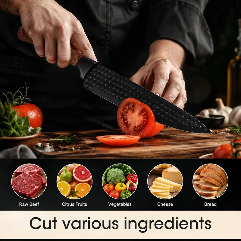 6 Piece Kitchen Knife Set, ABS Wood Grain Handle, Non-Stick Hammered Blade, Professional Kitchen Knives for Home Cooking