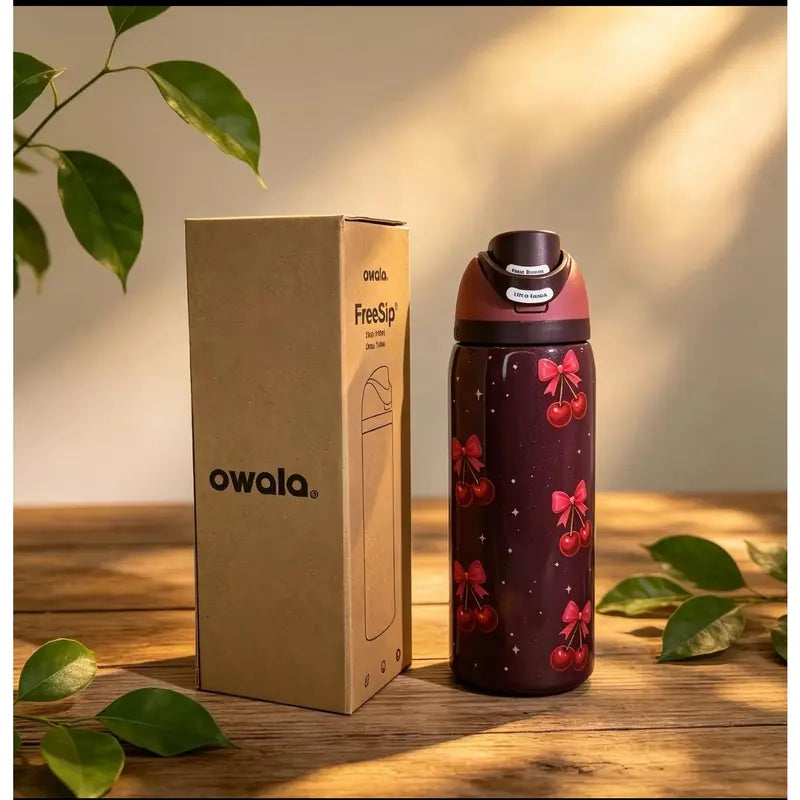 Owala 32Oz Stainless Steel Freesip Special Edition Insulated Leakproof Water Bottle - Cherry & Bow Deep Red Print, Black Push Lid with Straw, Vacuum Drinkware