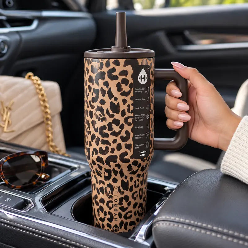 Traveler 40Oz Brown Leopard Print Tumbler – Insulated Stainless Steel Water Bottle with Handle, Flip Straw Lid, Leak-Resistant, Keeps Cold up to 24 Hours, Cup Holder Friendly