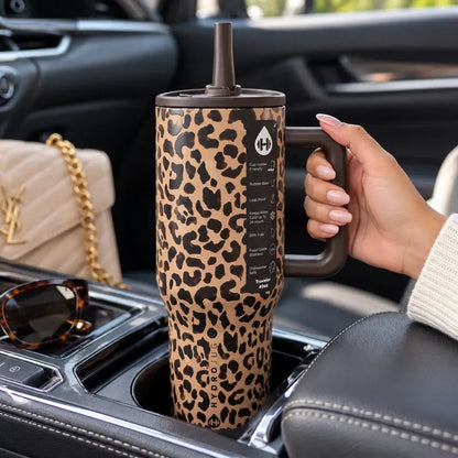 Traveler 40Oz Brown Leopard Print Tumbler – Insulated Stainless Steel Water Bottle with Handle, Flip Straw Lid, Leak-Resistant, Keeps Cold up to 24 Hours, Cup Holder Friendly
