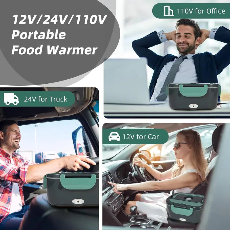 Electric Heated Lunch Box, 60W Fast Heating, 1.5L Food-Grade 304 Stainless Steel, 12V/24V/110V Portable Food Warmer for Car Truck Office Adults, Lonchera Electrica Portatil