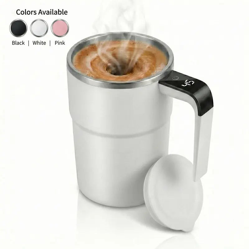 13Oz Compact Smart Magnetic Auto-Stir Coffee Mug - Button Control, Real-Time Temp Display, 304 Stainless Steel Body, Anti-Scalding Reusable Washable Tumbler for Office, Home Use (White), Reuse