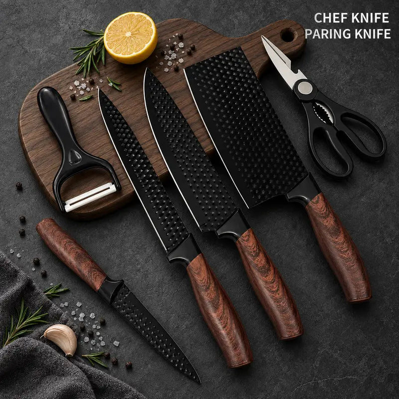 6 Piece Kitchen Knife Set, ABS Wood Grain Handle, Non-Stick Hammered Blade, Professional Kitchen Knives for Home Cooking