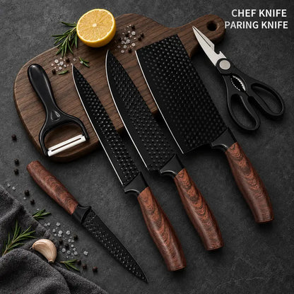 6 Piece Kitchen Knife Set, ABS Wood Grain Handle, Non-Stick Hammered Blade, Professional Kitchen Knives for Home Cooking