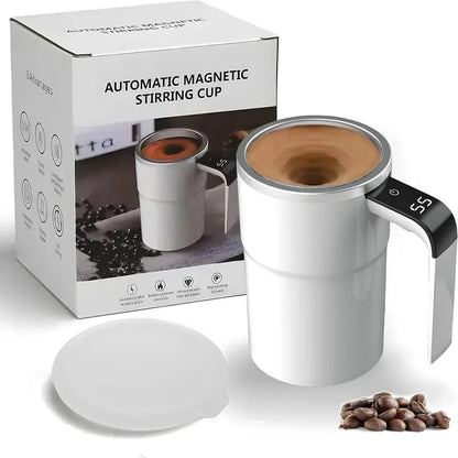 13Oz Compact Smart Magnetic Auto-Stir Coffee Mug - Button Control, Real-Time Temp Display, 304 Stainless Steel Body, Anti-Scalding Reusable Washable Tumbler for Office, Home Use (White), Reuse