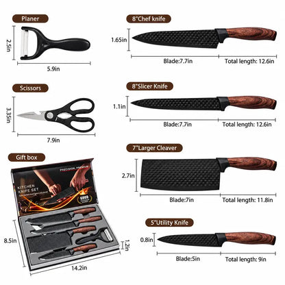 6 Piece Kitchen Knife Set, ABS Wood Grain Handle, Non-Stick Hammered Blade, Professional Kitchen Knives for Home Cooking
