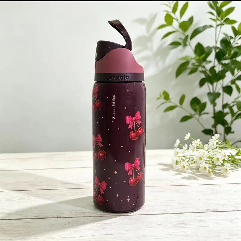 Owala 32Oz Stainless Steel Freesip Special Edition Insulated Leakproof Water Bottle - Cherry & Bow Deep Red Print, Black Push Lid with Straw, Vacuum Drinkware