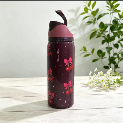 Owala 32Oz Stainless Steel Freesip Special Edition Insulated Leakproof Water Bottle - Cherry & Bow Deep Red Print, Black Push Lid with Straw, Vacuum Drinkware
