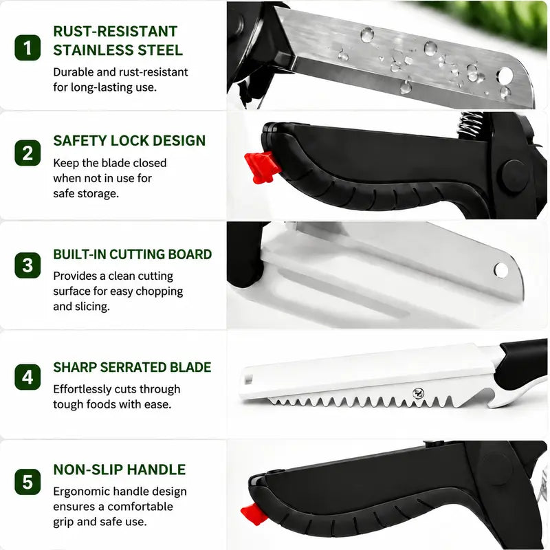 9.5In 2-In-1 Kitchen Scissors with Stainless Steel Blade, Plastic Cutting Board and Safety Lock - Multi-Functional Kitchen Utensil for Soft Vegetables, Cheese, Fruit Cutting