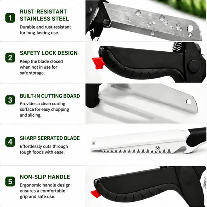 9.5In 2-In-1 Kitchen Scissors with Stainless Steel Blade, Plastic Cutting Board and Safety Lock - Multi-Functional Kitchen Utensil for Soft Vegetables, Cheese, Fruit Cutting