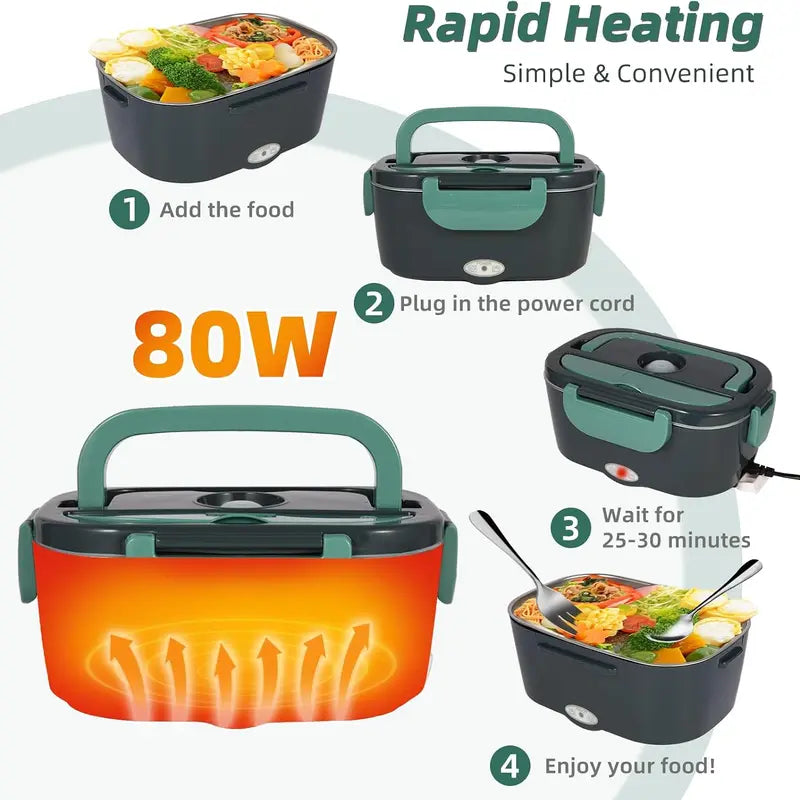 Electric Heated Lunch Box, 60W Fast Heating, 1.5L Food-Grade 304 Stainless Steel, 12V/24V/110V Portable Food Warmer for Car Truck Office Adults, Lonchera Electrica Portatil