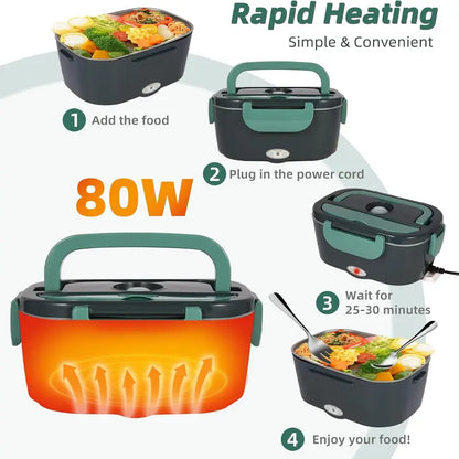 Electric Heated Lunch Box, 60W Fast Heating, 1.5L Food-Grade 304 Stainless Steel, 12V/24V/110V Portable Food Warmer for Car Truck Office Adults, Lonchera Electrica Portatil