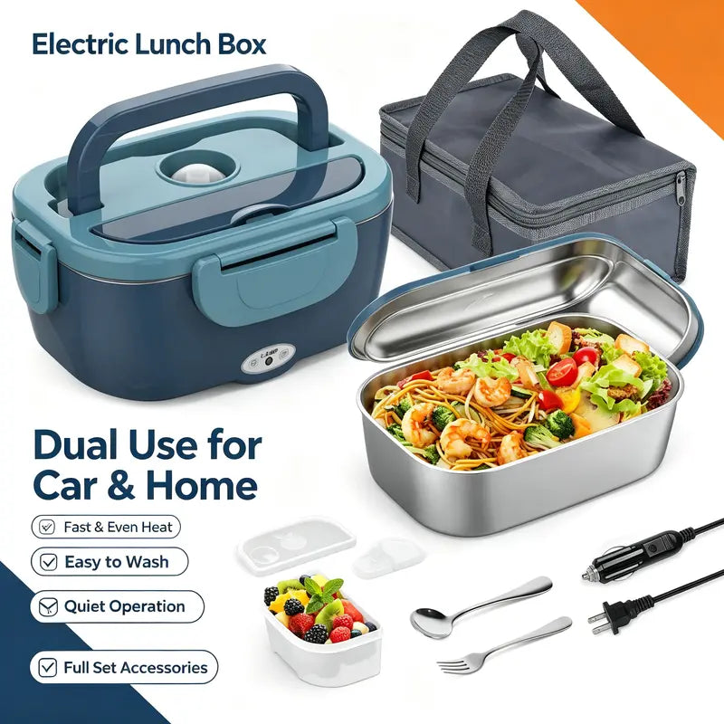 Electric Heated Lunch Box, 60W Fast Heating, 1.5L Food-Grade 304 Stainless Steel, 12V/24V/110V Portable Food Warmer for Car Truck Office Adults, Lonchera Electrica Portatil