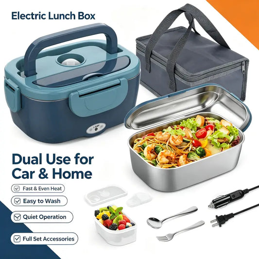 Electric Heated Lunch Box, 60W Fast Heating, 1.5L Food-Grade 304 Stainless Steel, 12V/24V/110V Portable Food Warmer for Car Truck Office Adults, Lonchera Electrica Portatil