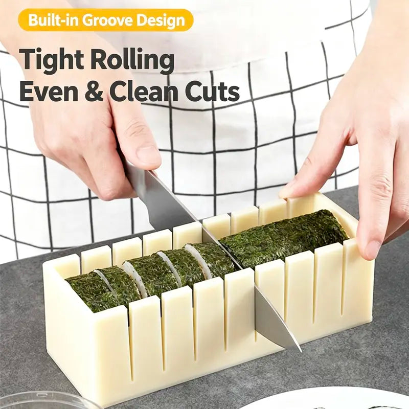 DIY Sushi Maker Mold Set, HIPS Non-Stick Sushi Rolling Tool with Cutting Groove, One Press Forming Sushi Making Kit for Home Kitchen Beginners, Easy to Clean Homemade Rice Roll Mold