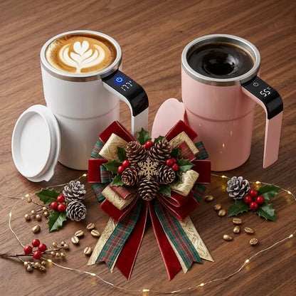 13Oz Compact Smart Magnetic Auto-Stir Coffee Mug - Button Control, Real-Time Temp Display, 304 Stainless Steel Body, Anti-Scalding Reusable Washable Tumbler for Office, Home Use (White), Reuse