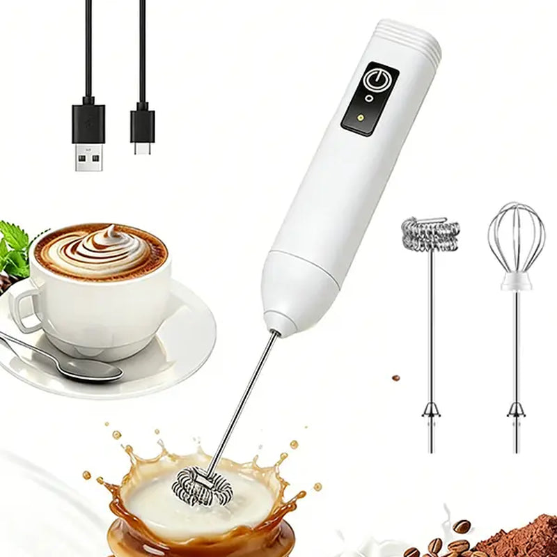 Handheld Milk Frother - Compact Coffee Equipment for Easier Mornings & Morning Coffee, High-Powered Turbo Engine, USB Recharge, 3 Speeds, 1-Button Operated, Dual Stainless Steel Whisks, Lightweight Portable Mixer