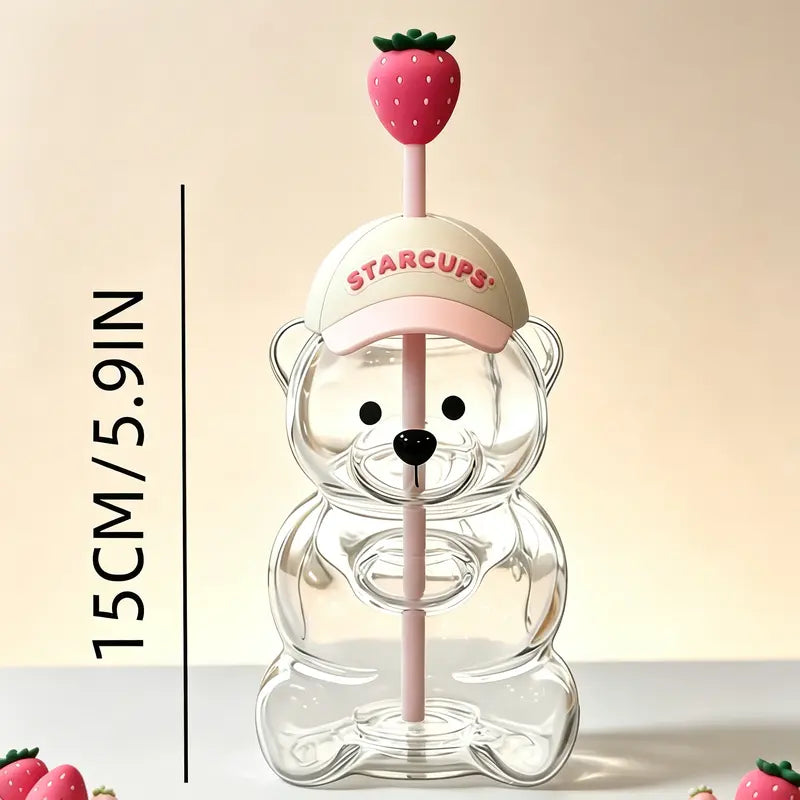 Pinking Bear Straw Cup Glass Bear Cup with Lids and Straws Cute Coffee Mugs 20Oz Drinking Water Bottle Reusable Party Mug for Milk Tea, and Cocktails, Dishwasher Safe