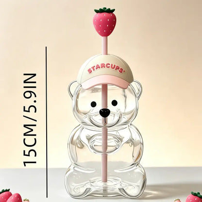 Pinking Bear Straw Cup Glass Bear Cup with Lids and Straws Cute Coffee Mugs 20Oz Drinking Water Bottle Reusable Party Mug for Milk Tea, and Cocktails, Dishwasher Safe