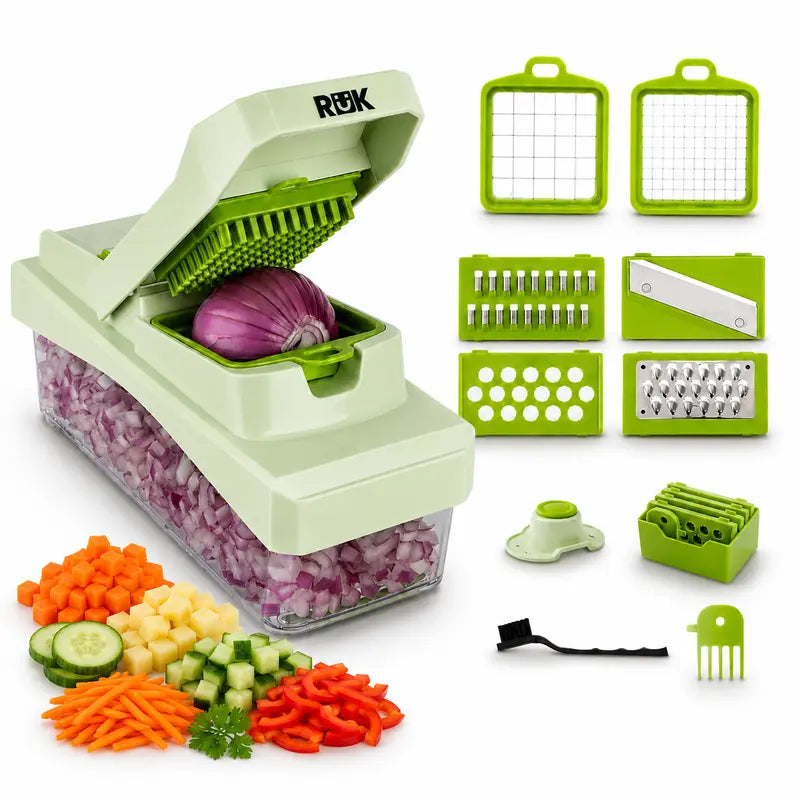 Multi-Use Fruit & Vegetable Chopper, 22-In-1 Durable Stainless Steel Kitchen Utensil with 8 Interchangeable Smooth Blades, ABS Body, Large Capacity Container, Grater, Peeler, Efficient Cutting & Easy to Use