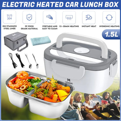 Electric Heated Lunch Box, 60W Fast Heating, 1.5L Food-Grade 304 Stainless Steel, 12V/24V/110V Portable Food Warmer for Car Truck Office Adults, Lonchera Electrica Portatil