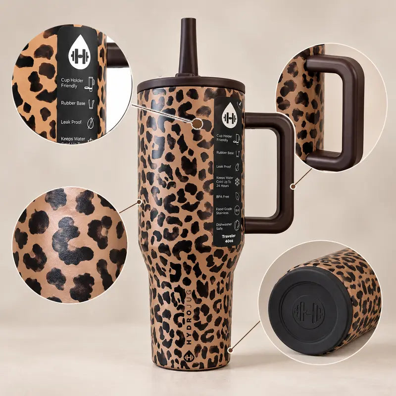 Traveler 40Oz Brown Leopard Print Tumbler – Insulated Stainless Steel Water Bottle with Handle, Flip Straw Lid, Leak-Resistant, Keeps Cold up to 24 Hours, Cup Holder Friendly