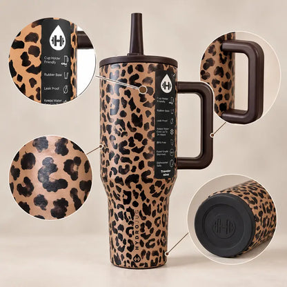Traveler 40Oz Brown Leopard Print Tumbler – Insulated Stainless Steel Water Bottle with Handle, Flip Straw Lid, Leak-Resistant, Keeps Cold up to 24 Hours, Cup Holder Friendly