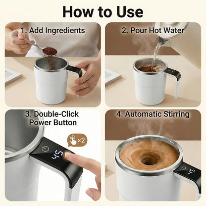 13Oz Compact Smart Magnetic Auto-Stir Coffee Mug - Button Control, Real-Time Temp Display, 304 Stainless Steel Body, Anti-Scalding Reusable Washable Tumbler for Office, Home Use (White), Reuse