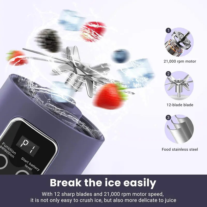 Portable Blender - Cordless 8-Blade Stainless Steel Rechargeable Juicing Cup, Durable Batteries Built-In, USB Charging Port, Ergonomic Crystal Design, Ideal for Fitness Enthusiasts & Outdoor Use (Watermelon Juice, Protein Powder Mixing)