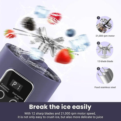 Portable Blender - Cordless 8-Blade Stainless Steel Rechargeable Juicing Cup, Durable Batteries Built-In, USB Charging Port, Ergonomic Crystal Design, Ideal for Fitness Enthusiasts & Outdoor Use (Watermelon Juice, Protein Powder Mixing)