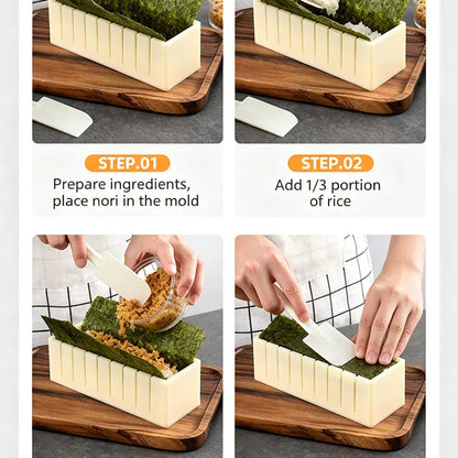 DIY Sushi Maker Mold Set, HIPS Non-Stick Sushi Rolling Tool with Cutting Groove, One Press Forming Sushi Making Kit for Home Kitchen Beginners, Easy to Clean Homemade Rice Roll Mold